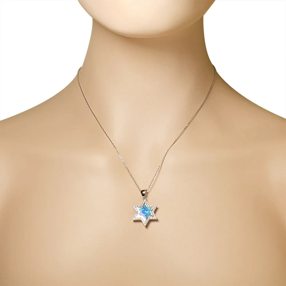 925 Sterling Silver White Clear CZ Simulated Blue Opal Jewish Star of David Pendant Necklace, 18"