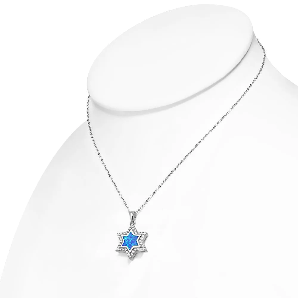 925 Sterling Silver White Clear CZ Simulated Blue Opal Jewish Star of David Pendant Necklace, 18"
