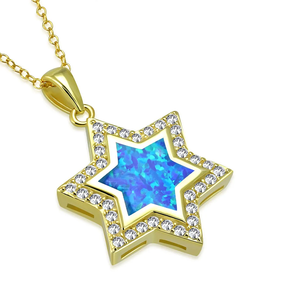 925 Sterling Silver White Clear CZ Simulated Blue Opal Jewish Star of David Pendant Necklace, 18"