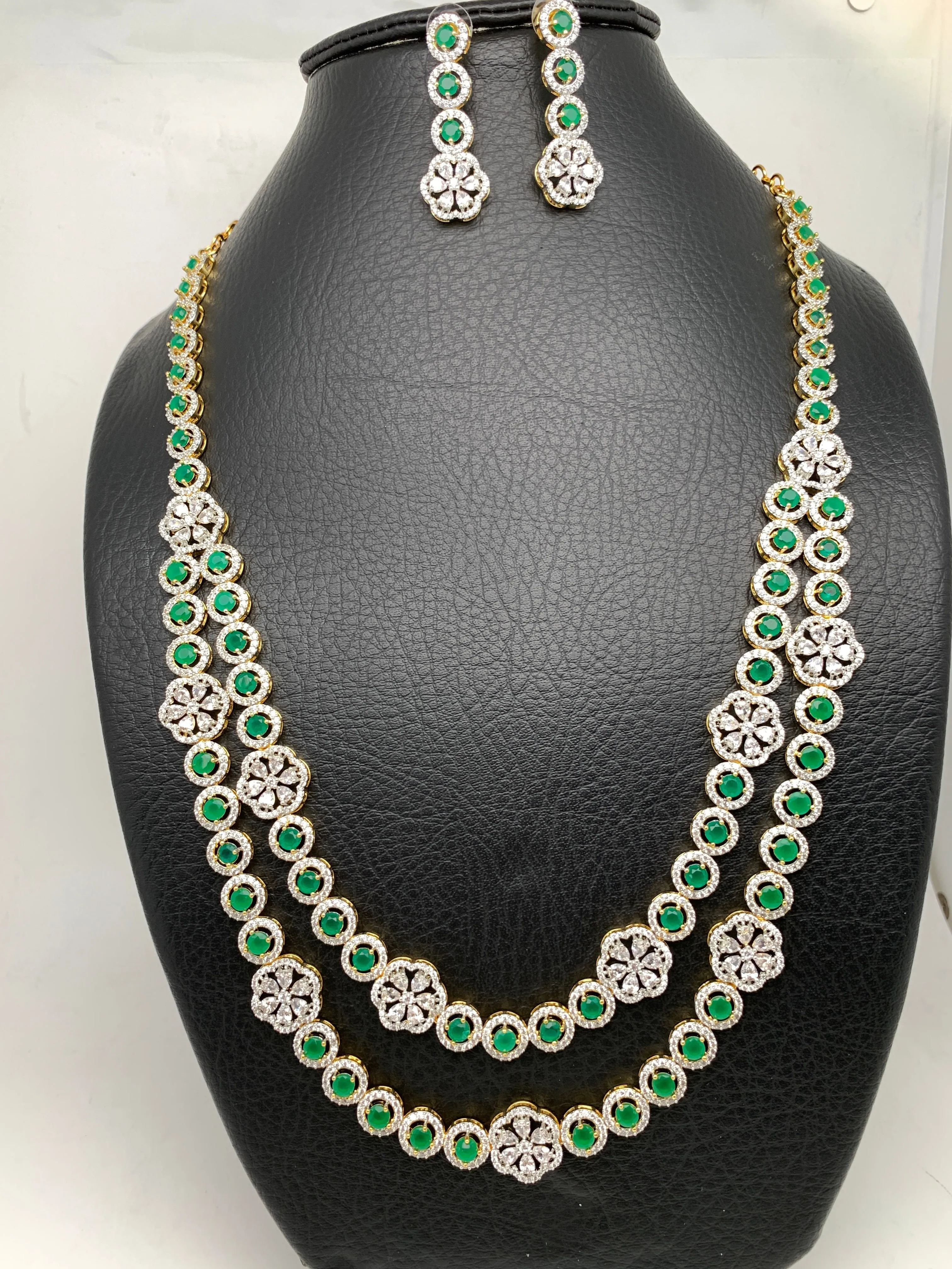 AD Emerald Green Stone Double Layer Long Necklace
