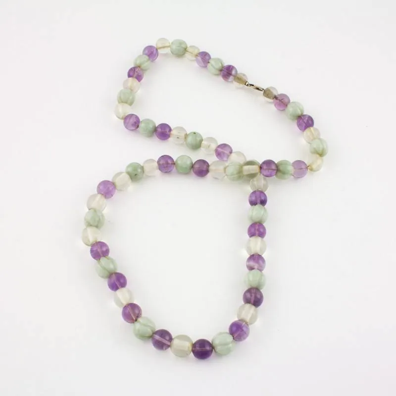 Beaded light green Jade necklace with Rock Crystal and Amethyst