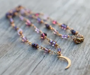 Crescent Moon Beaded Necklace. Amethyst Gemstones Beaded Chain. Golden Bronze. Czech Glass. 91234