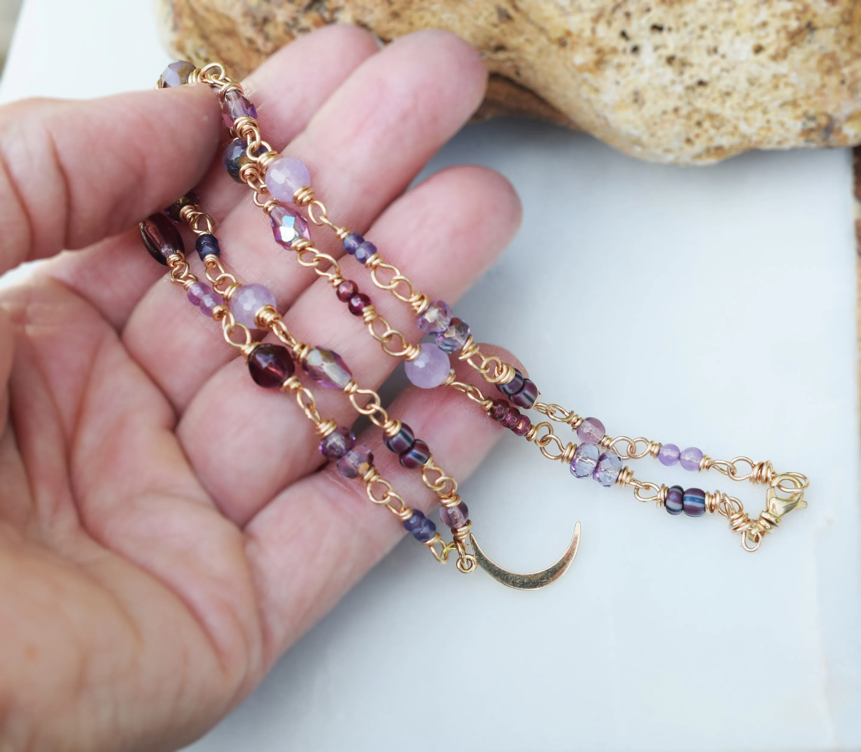 Crescent Moon Beaded Necklace. Amethyst Gemstones Beaded Chain. Golden Bronze. Czech Glass. 91234