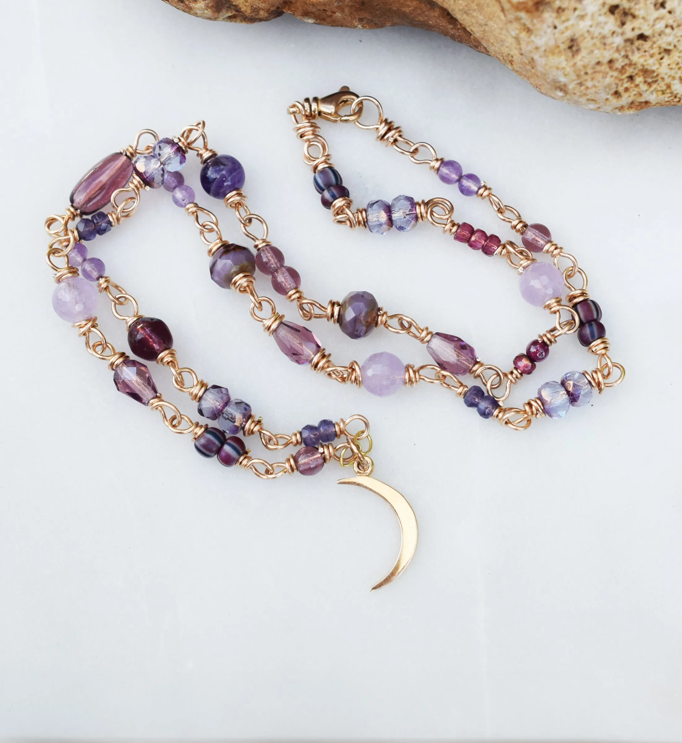 Crescent Moon Beaded Necklace. Amethyst Gemstones Beaded Chain. Golden Bronze. Czech Glass. 91234