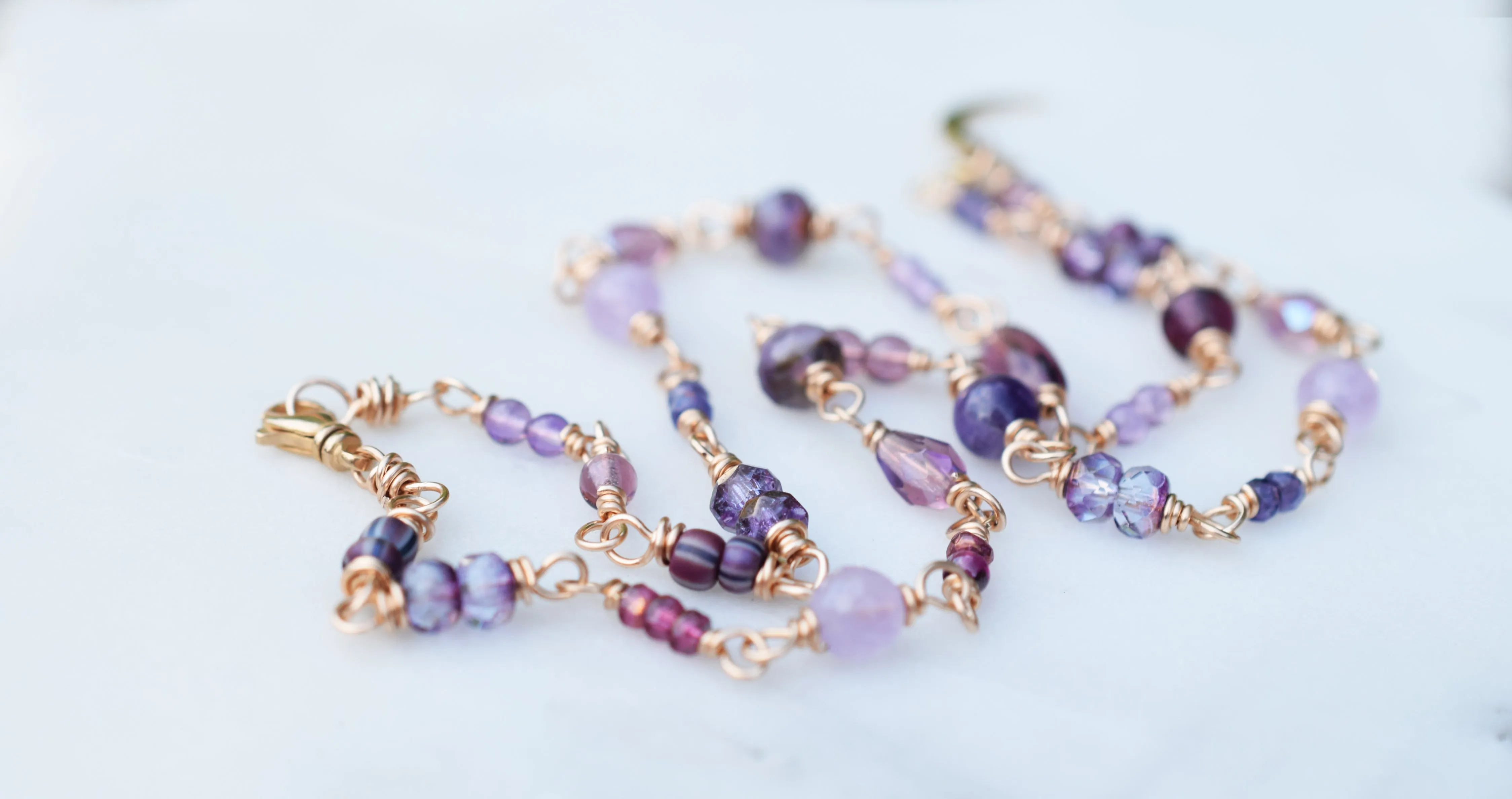 Crescent Moon Beaded Necklace. Amethyst Gemstones Beaded Chain. Golden Bronze. Czech Glass. 91234