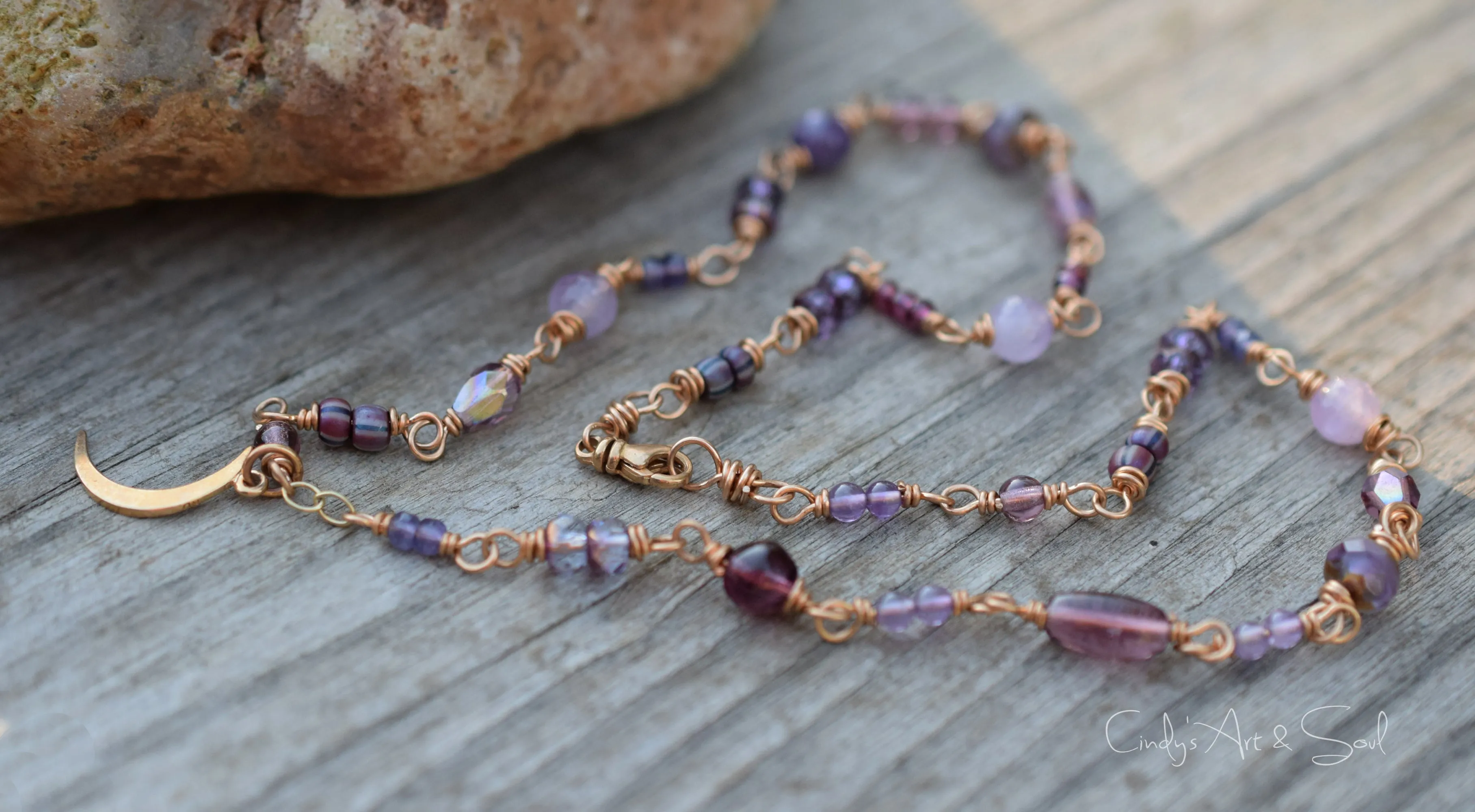 Crescent Moon Beaded Necklace. Amethyst Gemstones Beaded Chain. Golden Bronze. Czech Glass. 91234