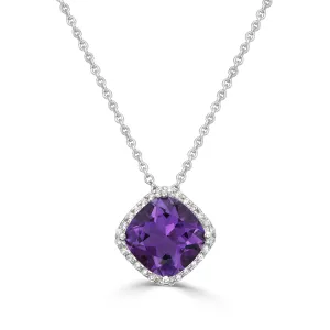 Cushion Cut Amethyst and Diamond Halo Pendant
