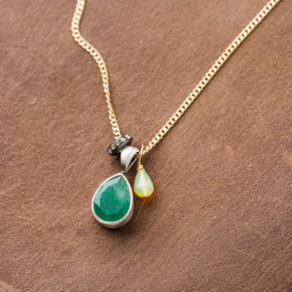 Emerald Pear Necklace with Diamond and Ethiopian Opal