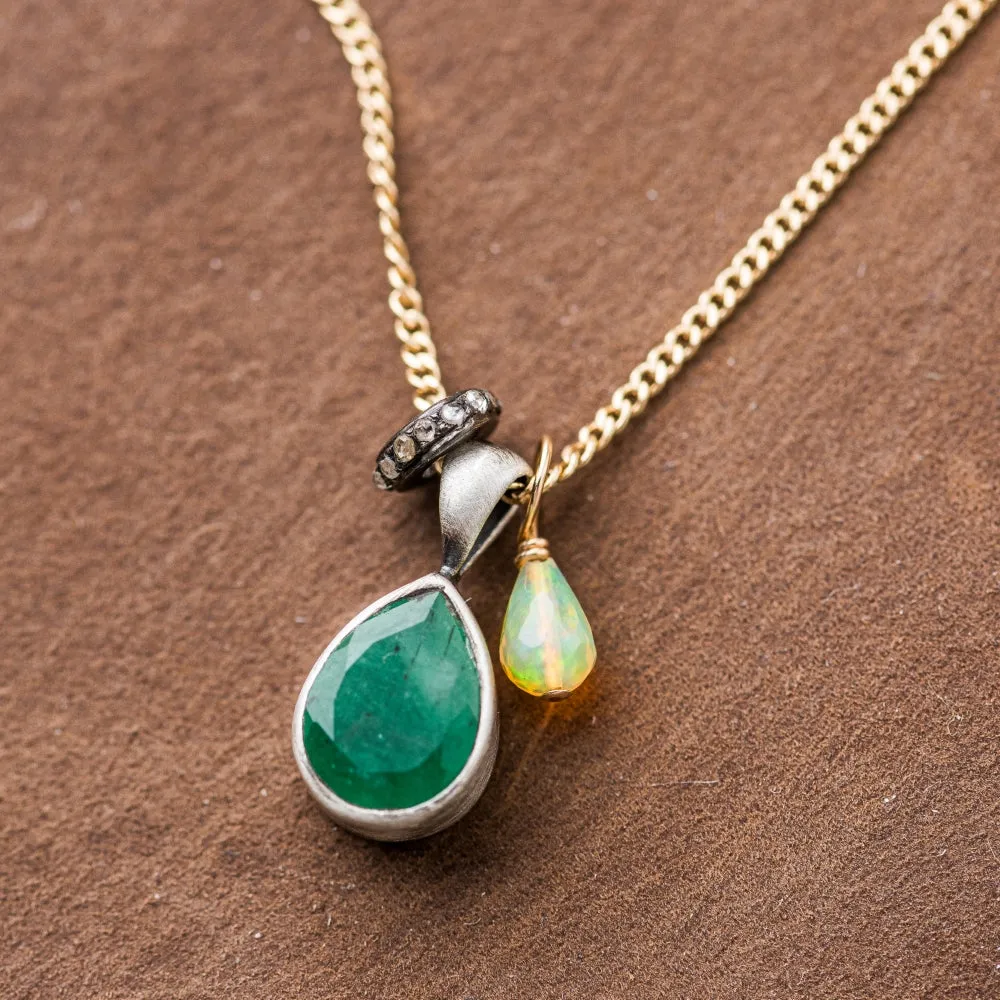 Emerald Pear Necklace with Diamond and Ethiopian Opal