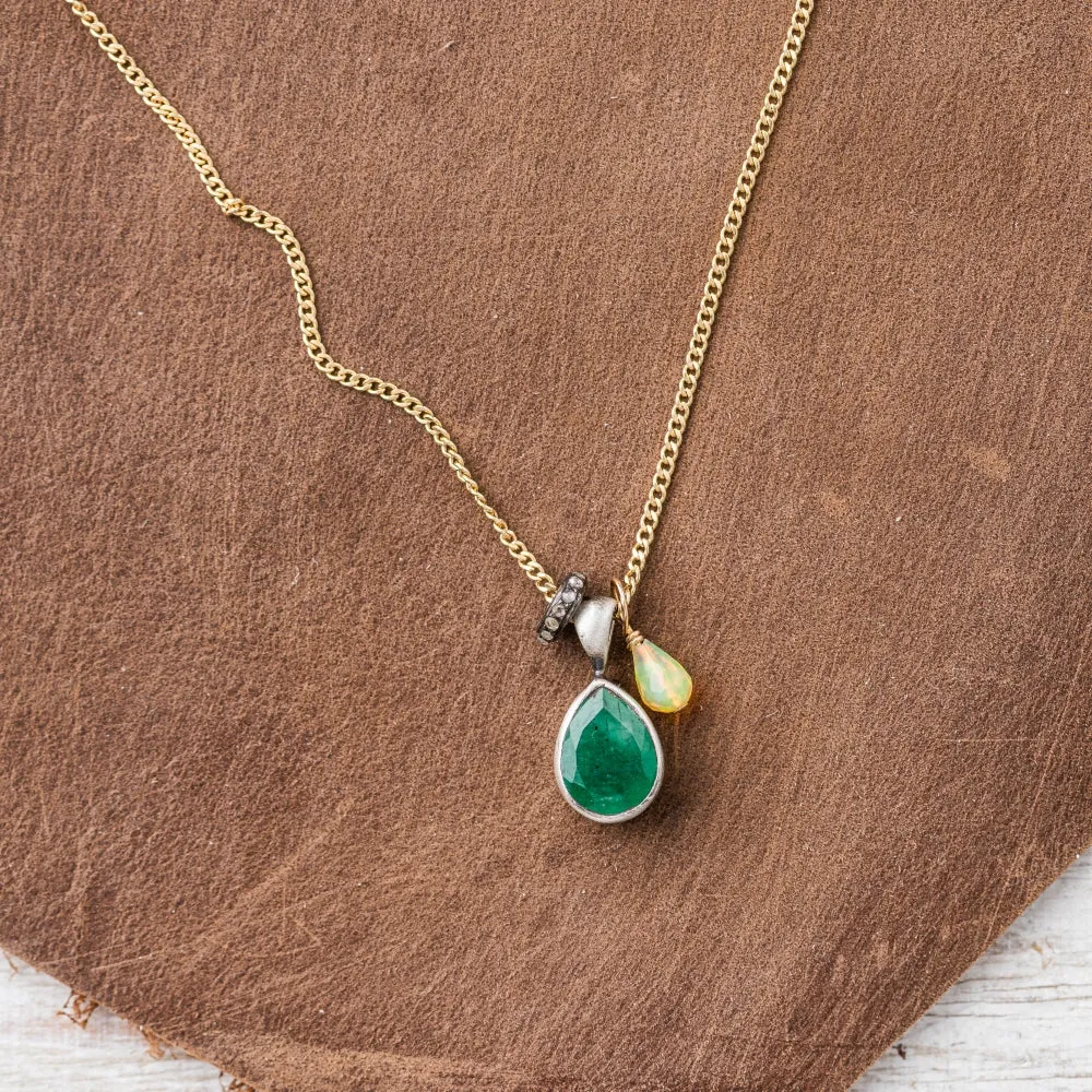 Emerald Pear Necklace with Diamond and Ethiopian Opal