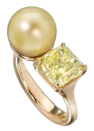 Golden South Sea Pearl and Radiant-Cut Yellow Diamond Ring