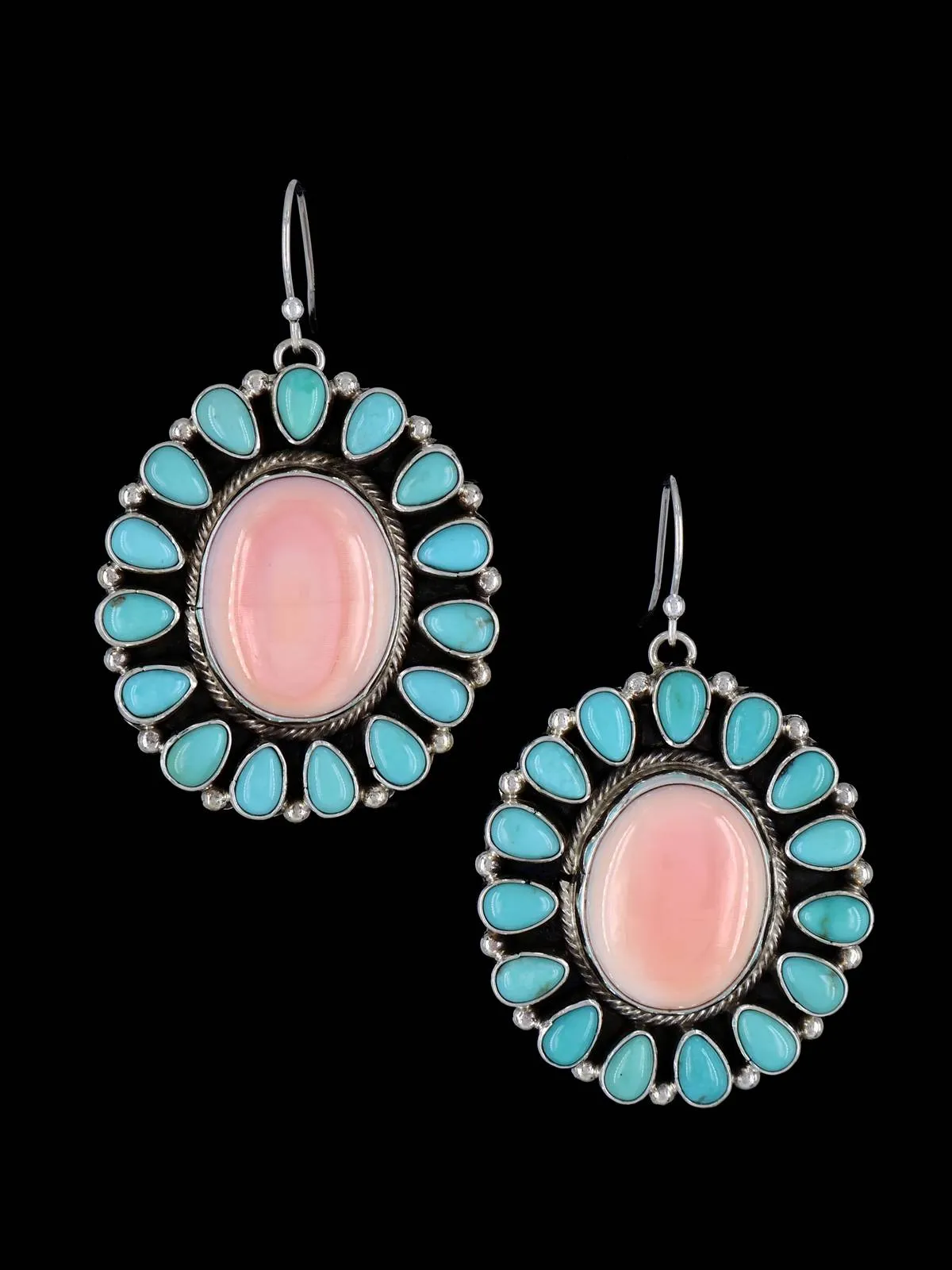 Navajo Pink Conch and Turquoise Sterling Silver Dangle Earrings