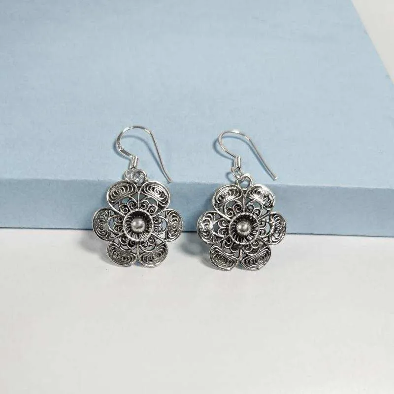 Oxidised Silver Filigree Flower Dangles