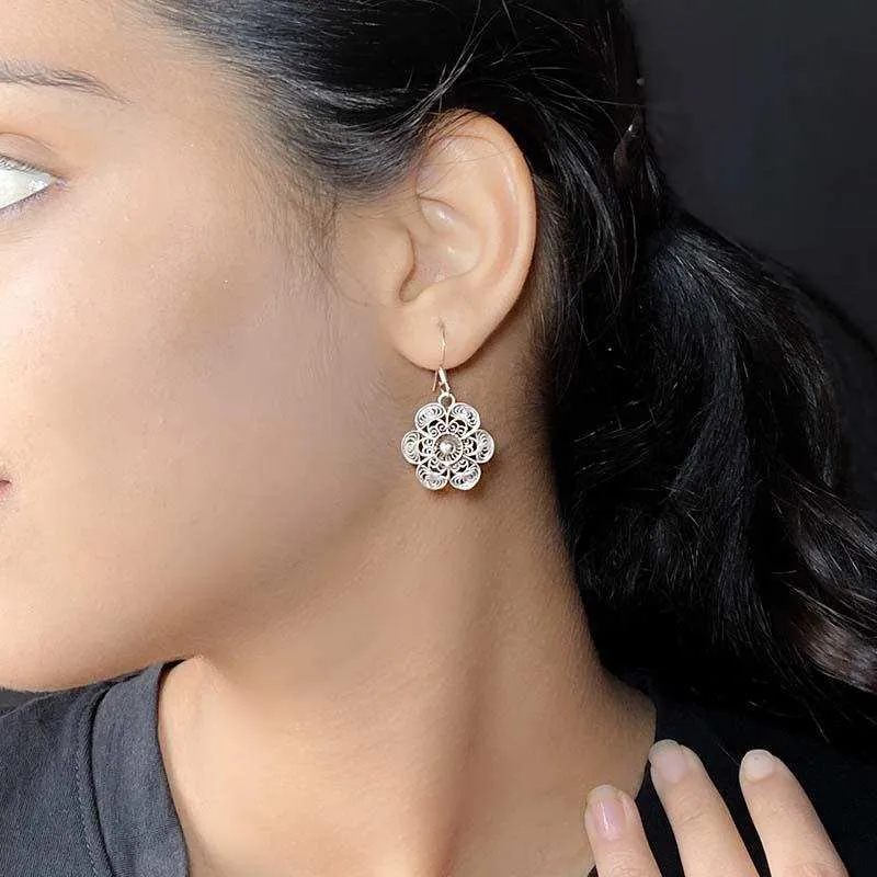Oxidised Silver Filigree Flower Dangles
