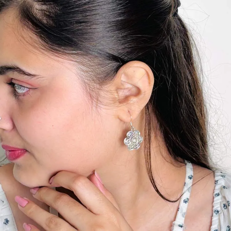 Oxidised Silver Filigree Flower Dangles