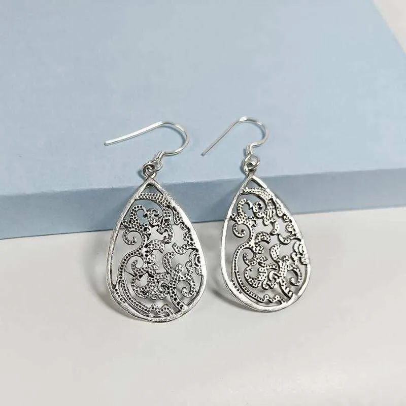 Oxidised Silver Filigree Teardrop Dangles