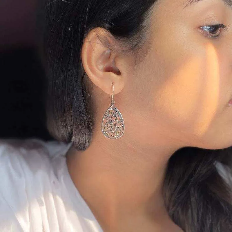 Oxidised Silver Filigree Teardrop Dangles