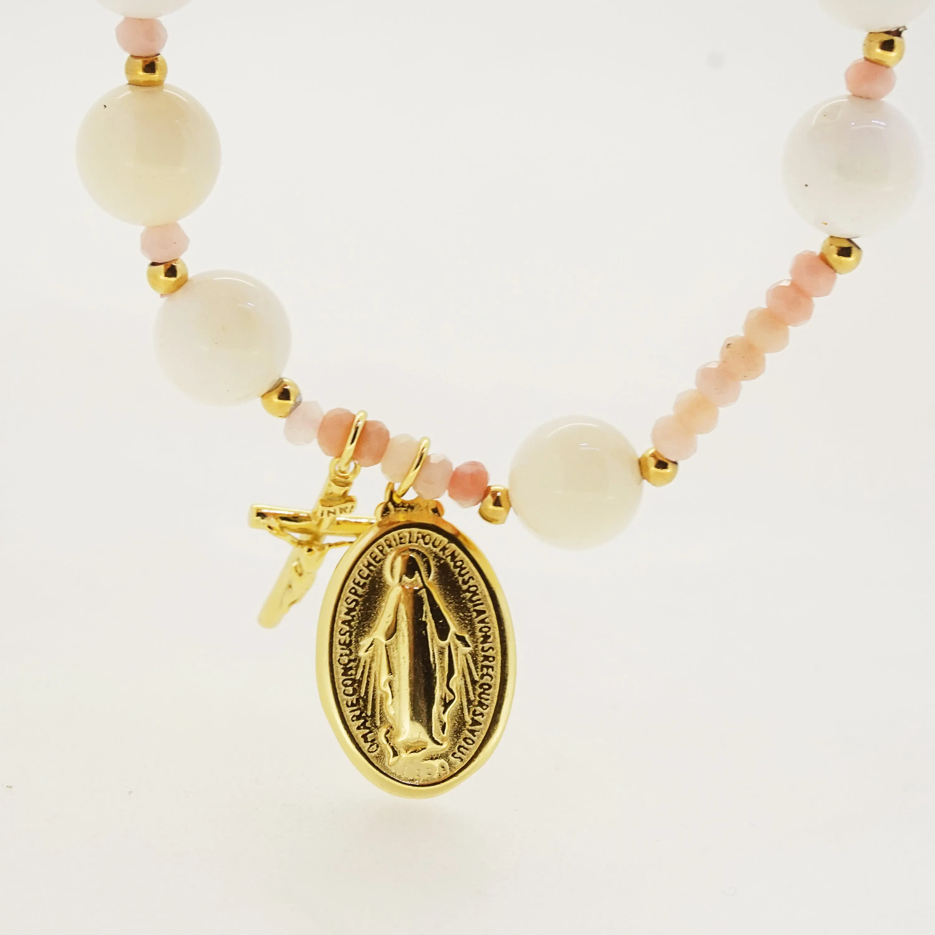 White Opal 10mm and Pink Opal Faceted Rondelle 3.5mm